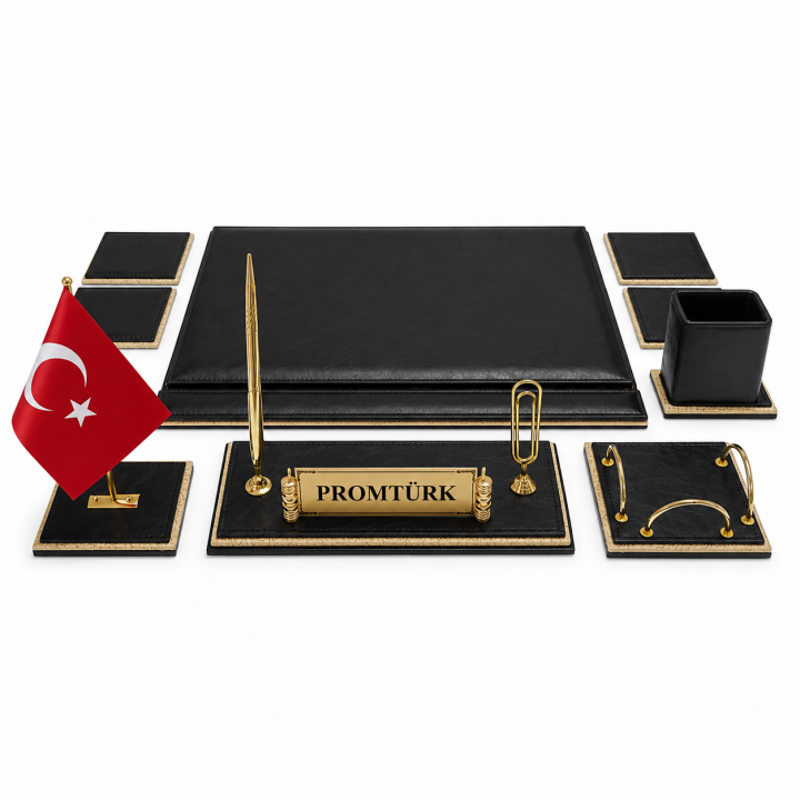 Brode Siyah Çift Derili Gold Detaylı Kişiye Özel İsimlikli Lüks Sümen ve Makam Takımı